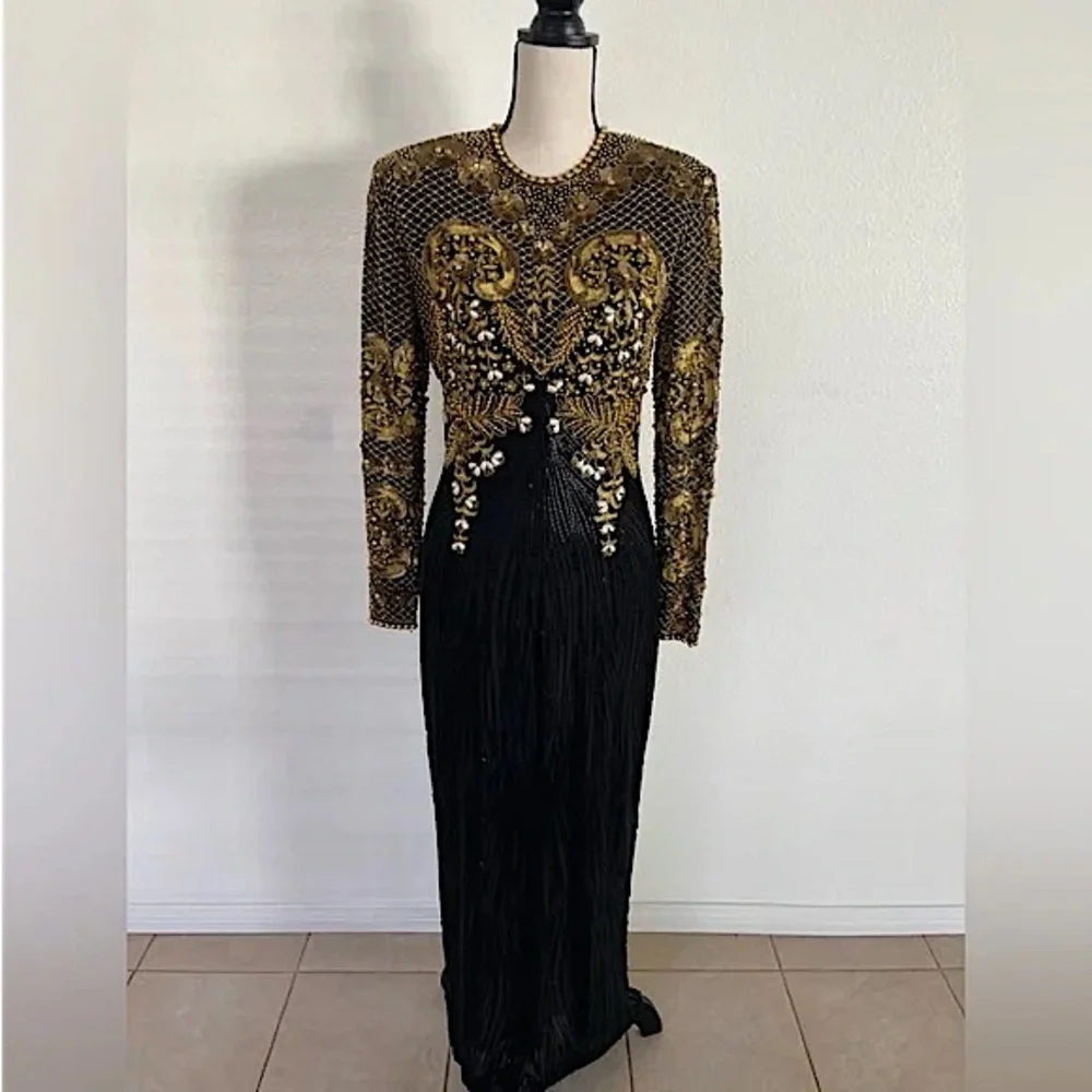 Naeem Khan Riazee Nights 80s X Open Back Slit Leg Pure Silk Long Sleeve Gown VTG - Picture 1 of 16